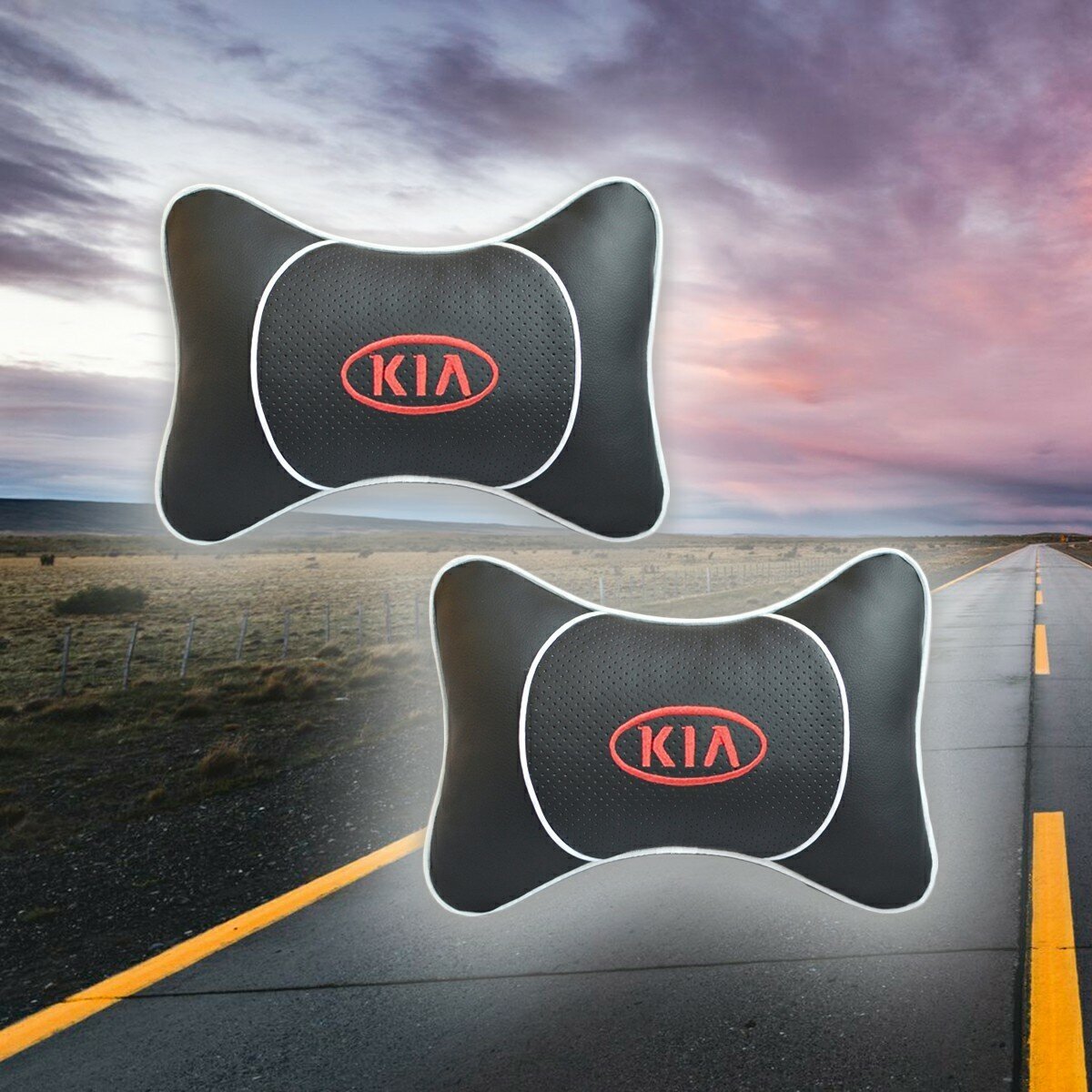 Комплект автомобильных подушек под шею на подголовник с вставкой из бежевой экокожи и вышивкой для KIA (киа) (2 подушки)