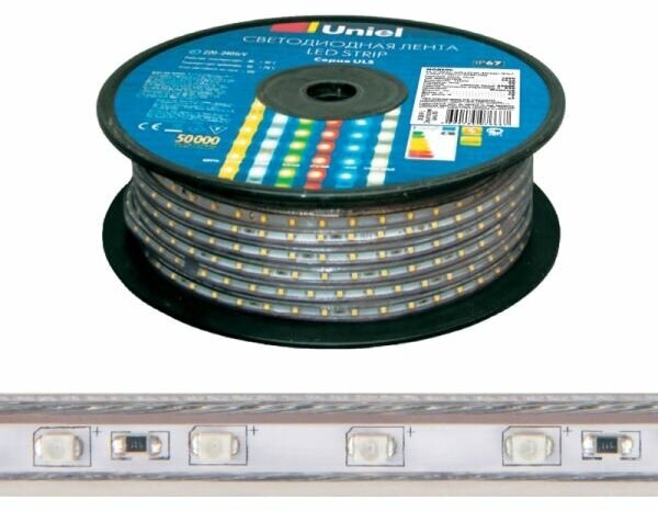 Светодиодная лента Uniel ULS-2835-120LED/m-10mm-IP67-220V-10W/m-50M-6500K бобина