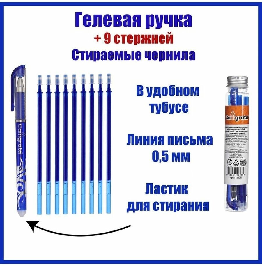 Набор ручка гелевая со стираемыми чернилами, пишущий узел 0.5 мм, чернила синие+9 синих стержней - фотография № 7