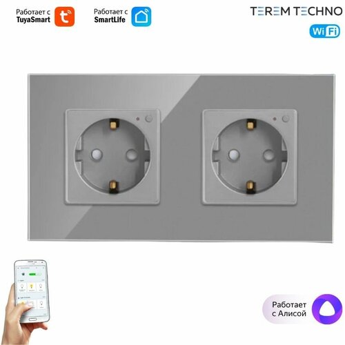 Умная двойная WiFi встроенная розетка Terem Techno с Алисой 16А Tuya/Smart Life/Digma с таймером стеклянная серая с голосовым управлением умным домом умная розетка tuya интеграция с алисой