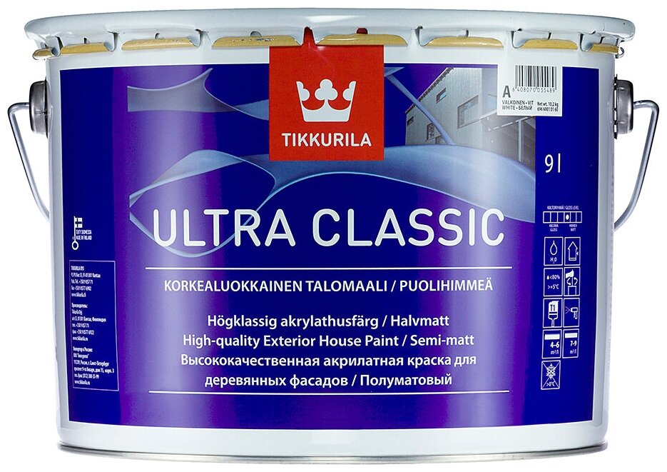 Краска акриловая Tikkurila Ultra Classic полуматовая белый 9 л