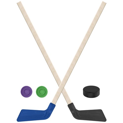 фото Набор зимний: 2 клюшки хоккейных синяя и чёрная 80 см.+2 шайбы + шайба хоккейная 75 мм., задира-плюс