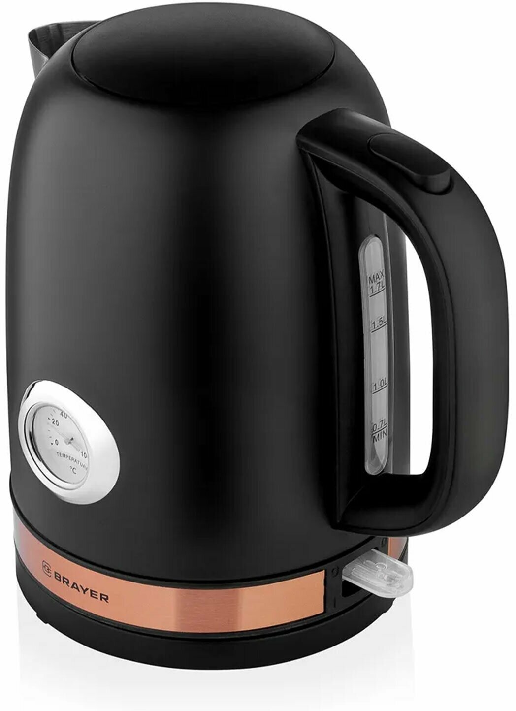 Чайник с термометром BRAYER BR1005BK, 1,7 л, 2200 Вт, закрытый нагревательный элемент, сталь, черный
