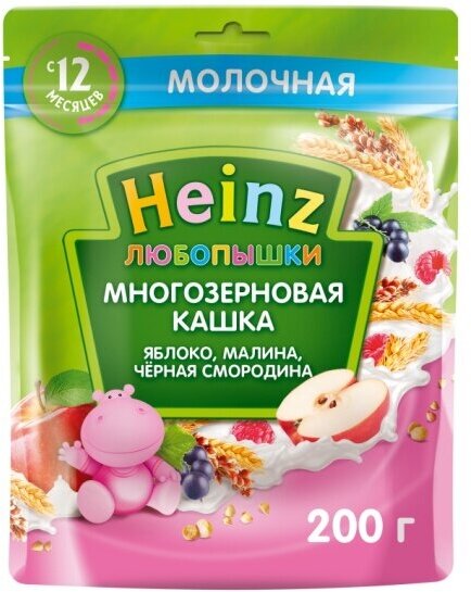 Каша молочная Heinz (Хайнц) "Любопышка" многозерновая фруктово-молочная (яблоко малина чёрная смородина) с 12 мес 200 г