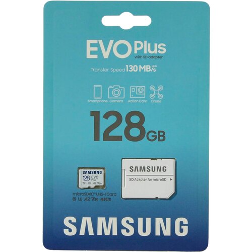 карта памяти samsung pro plus mb md512sa am microsdxc емкость 512 гб запись чтение 130мб с 180мб с Карта памяти Samsung EVO Plus 128GB microSDXC UHS-I Card (MB-MC128KA/AM)