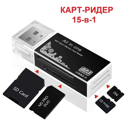 Карт-ридер 15-в-1 Rapture 480, USB, SD, MMC, RS-MMC, Mini-SD, T-Flash/MicroSD, MS/MS Pro, MS DUO/MS PRO DUO, M2, цвет ассортимент 4 в 1 устройство для чтения карт micro sd флэш usb кардридер для карт памяти pro duo адаптер micro sd t flash m2 ms sd