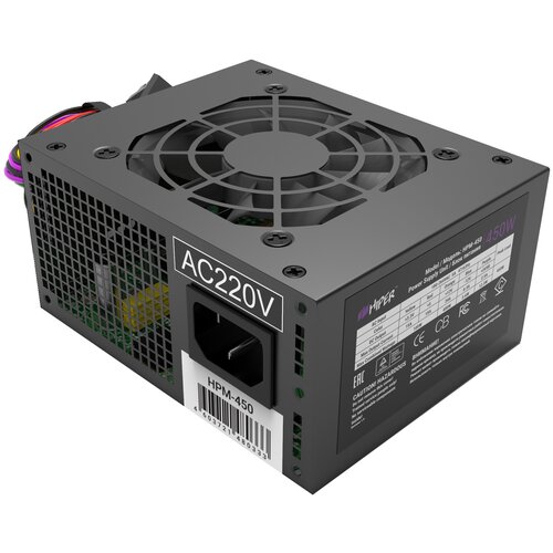 Блок питания HIPER HP-450SFX 450W, SFX 2.1, 80х80 mm Fan, 2x SATA, 1x PCI-E, 1x CPU, 200-240 В, 20+4 pin, 2х Molex, 32 A, Black