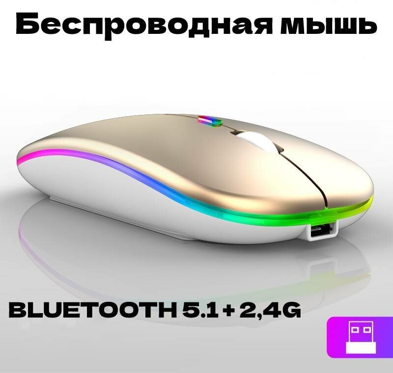 Мышь компьютерная беспроводная с подсветкой 2 вида подключения bluetooth 51 + 24G бесшумная