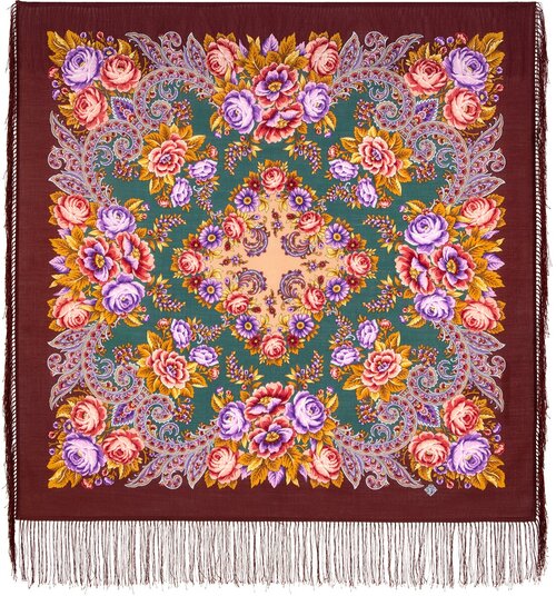 Платок Павловопосадская платочная мануфактура, 89х89 см, фиолетовый, оранжевый