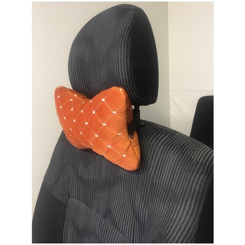 Автомобильная подушка косточка под шею на подголовник автомобиля, велюр оранжевый, строчка ромб белая нить