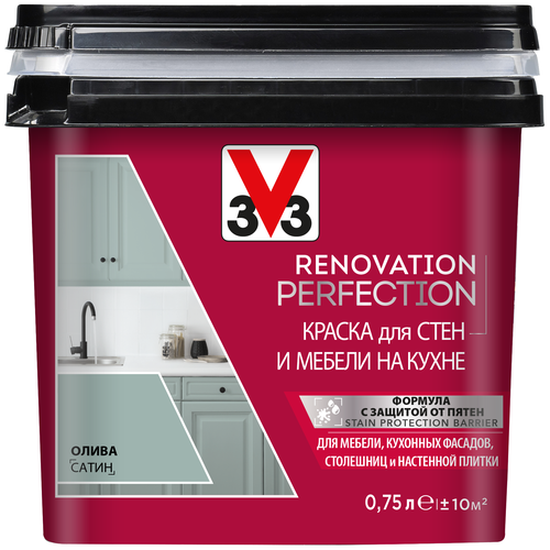 Краска акриловая V33 Renovation Perfection для стен и мебели на кухне полуматовая олива 0.75 л