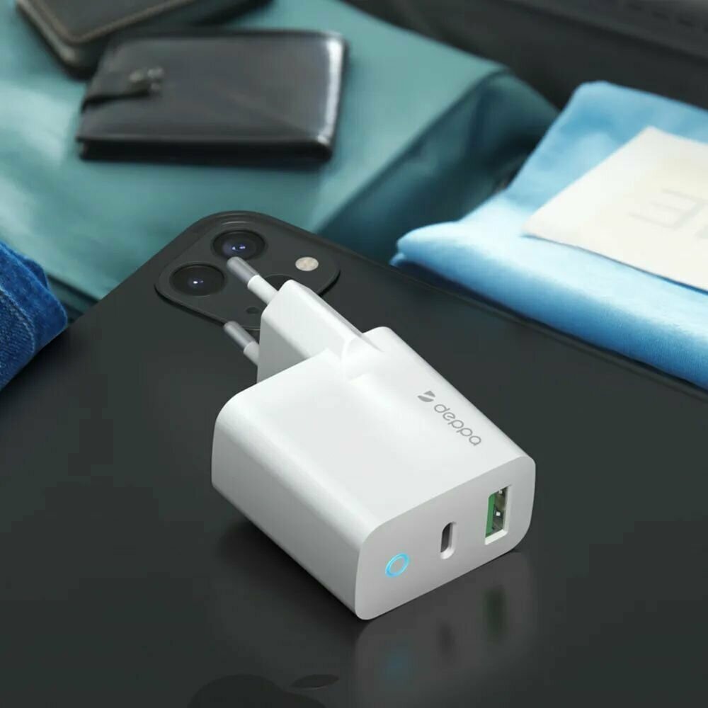 Сетевое зарядное устройство DEPPA 20W, USB + USB type-C, 8-pin Lightning (Apple), 3A, белый - фото №8