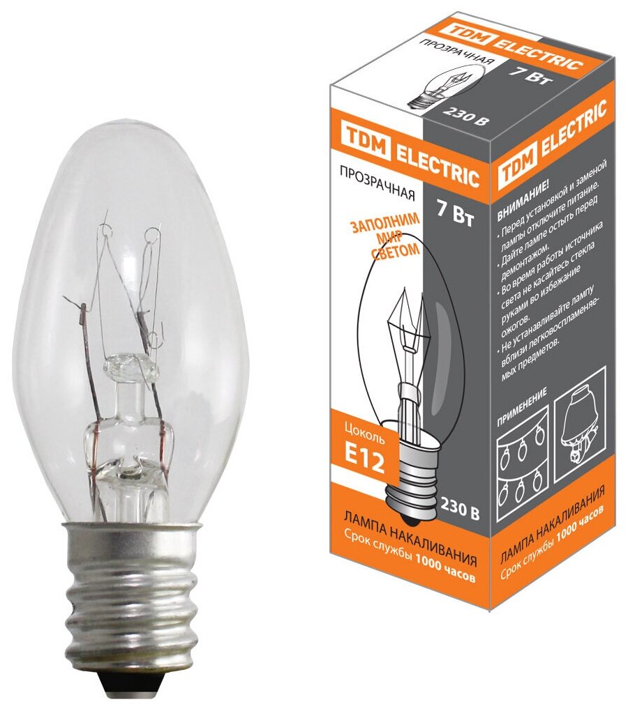 фото Лампа накаливания TDM для ночников "Свеча мини прозрачная", 7 Вт, 50 Гц, Е12