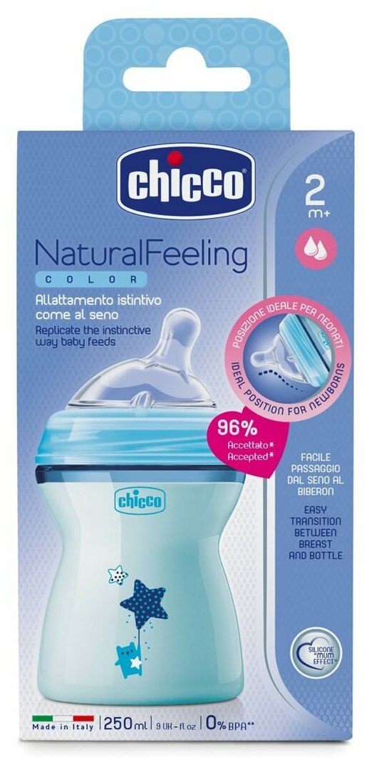 Бутылочка Chicco Natural Feeling полипропилен, 250 мл, цвет: голубой - фото №2