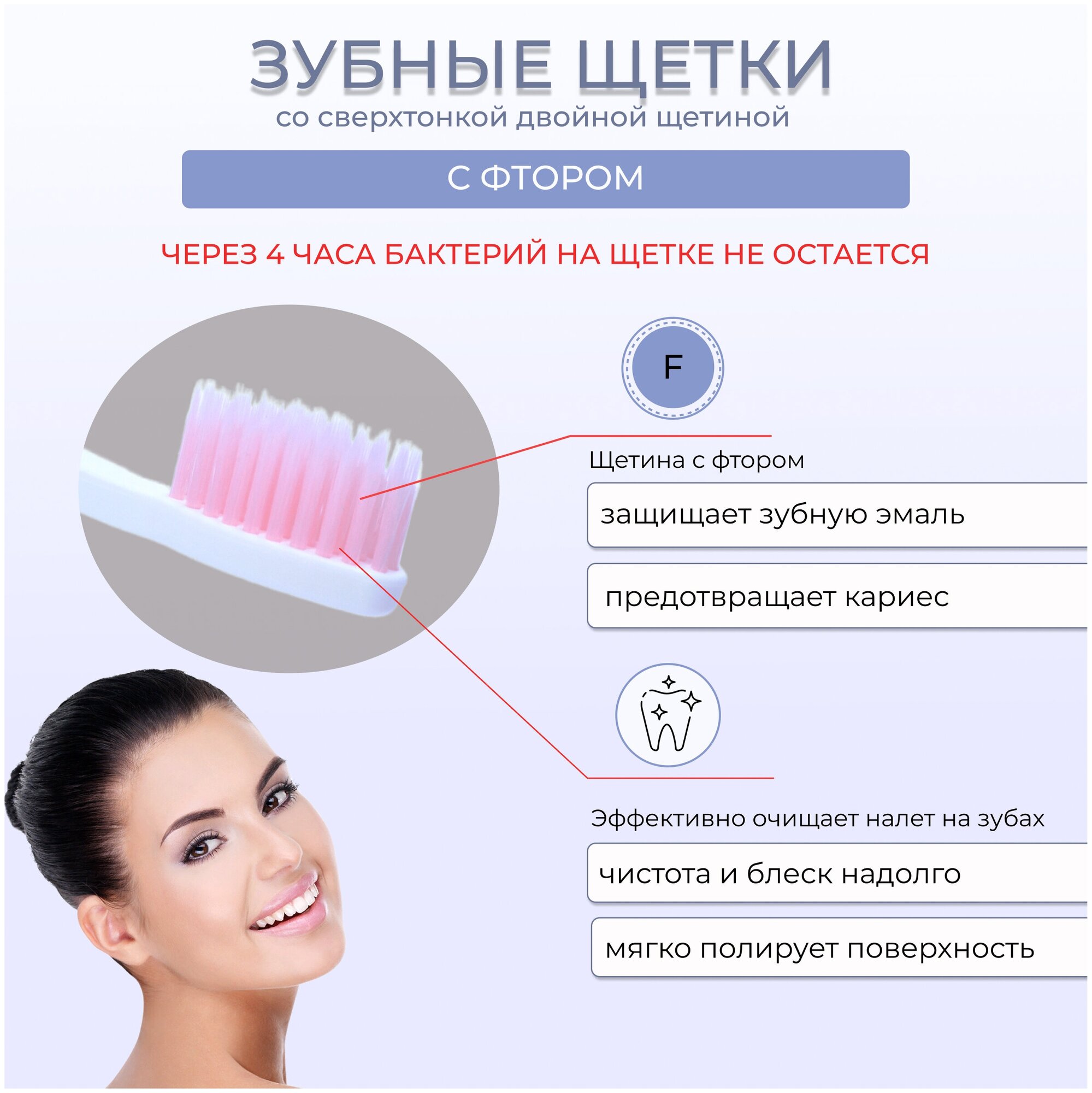 Dental Care Набор: Зубная щетка cо сверхтонкой двойной щетиной (средней жесткости и мягкой) “Фтор" 4 шт. (Dental Care, ) - фото №3