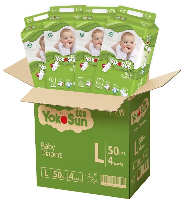 Megabox YokoSun детские подгузники Eco, 200 шт, размер L (9-13 кг) , кор.