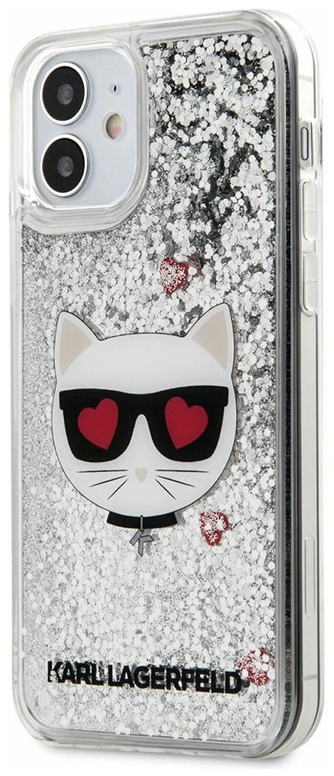 Чехол Karl Lagerfeld Liquid glitter Choupette head Hard для iPhone 12 mini, серебристый