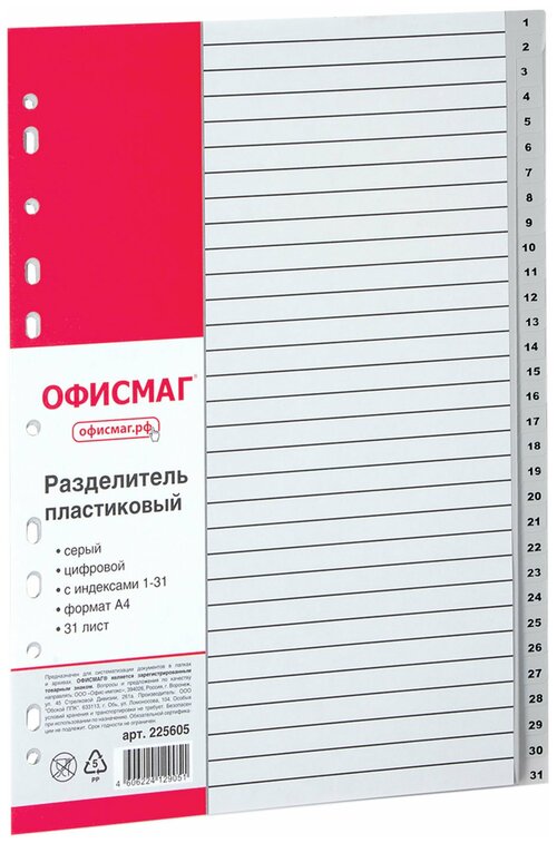 ОфисМаг Разделитель листов А4, 31 лист, цифровой 1-31, оглавление (225605), серый