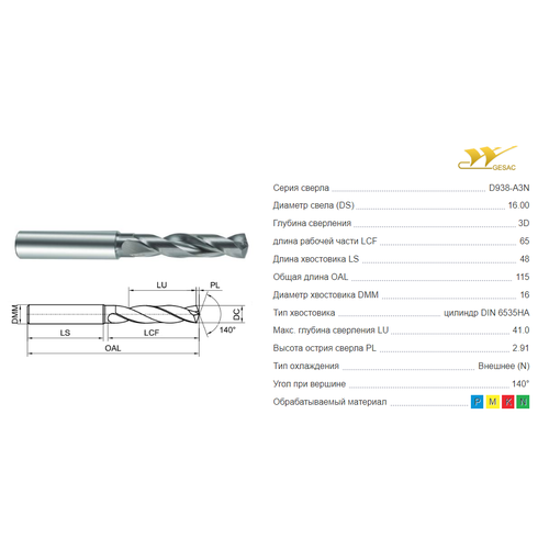 Сверло твердосплавное D938-A3N-1600