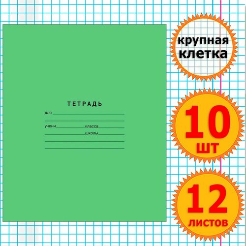 Тетрадь школьная для учебы в крупную клетку 12 листов Комплект 10 штук Классика, крупная клетка, Зеленая