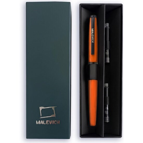 Ручка перьевая Малевичъ с конвертером, перо EF 0,4 мм, набор с двумя картриджами (индиго, черный), цвет: мандарин