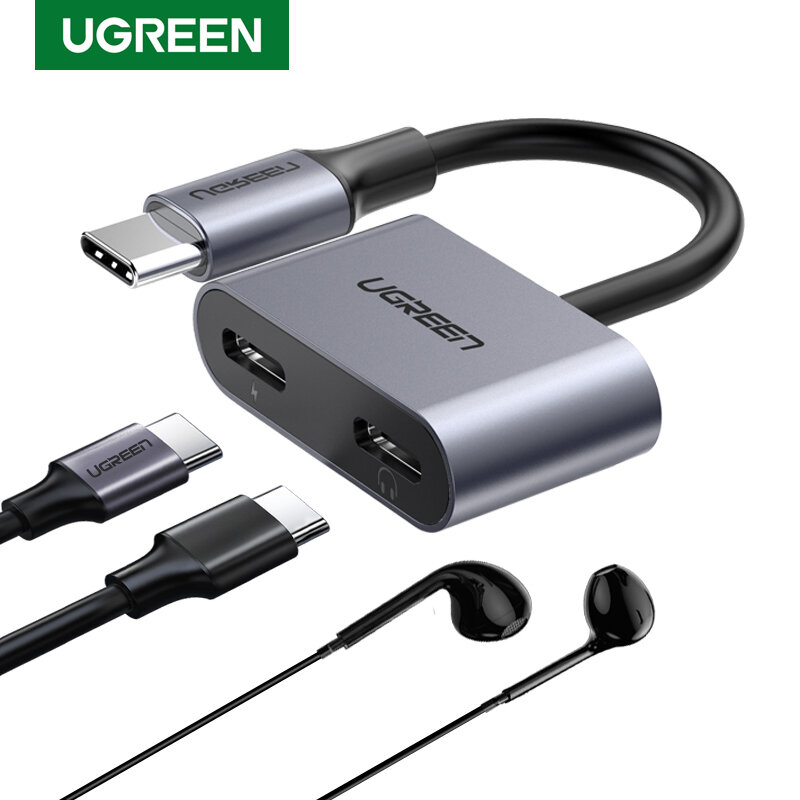 Адаптер USB-C UGREEN CM232 / Type C аудио выход / PD 3.0 зарядка / 0,1м / цвет серый (60165)