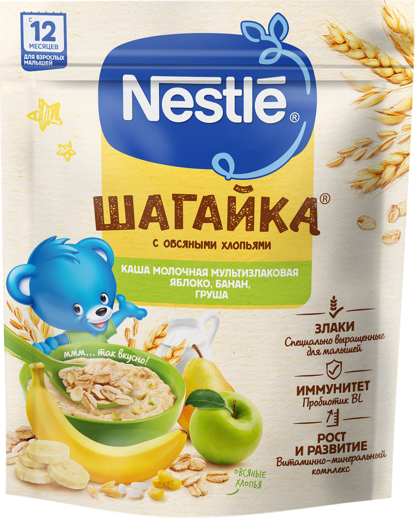 Каша мультизлаковая NESTLE Шагайка молочная, с яблоком, бананом и грушей, с 12 месяцев, 190г