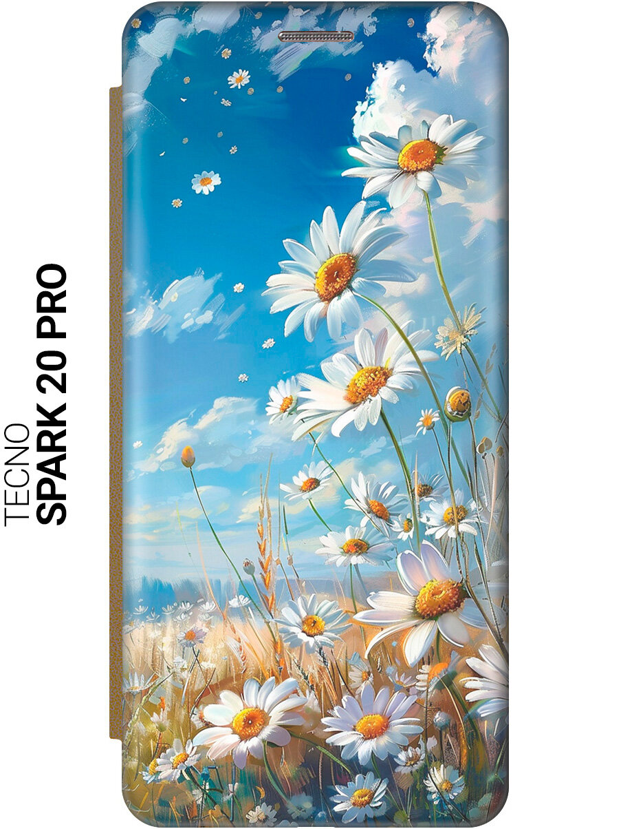 Чехол-книжка на Tecno Spark 20 Pro / Техно Спарк 20 Про с рисунком "Ромашки на поле" золотой