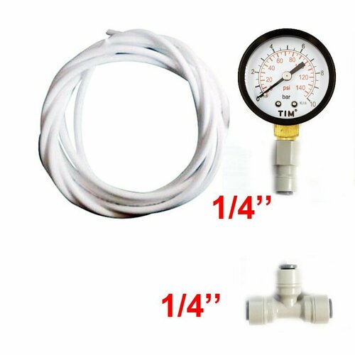 Манометр радиальный 0-10 бар для фильтра воды с фитингами и трубкой 1/4