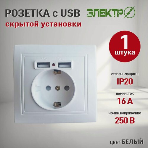 Изображение товара Встраиваемая розетка с USB белая / розетка одинарная внутренняя с заземлением +2 USB Электро мира