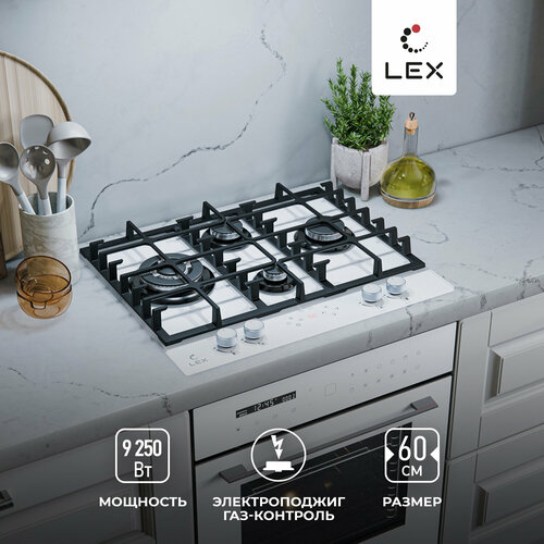 Варочная панель газовая LEX GVG 646 T WH встраиваемая газ-контроль электроподжиг конфорка WOK таймер закалённое стекло 31490₽