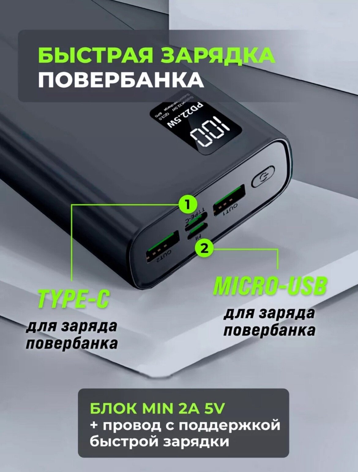 Внешний аккумулятор Power Bank повербанк 20000 mah с быстрой зарядкой 22.5W — фото 1