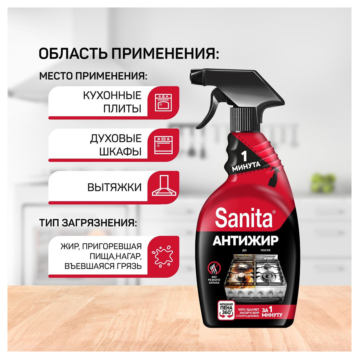 Пена чистящая "SANITA" Антижир 1 мин д/кух. плит, духовок, грилей от жира/нагара, с курком , 500 мл — фото 1