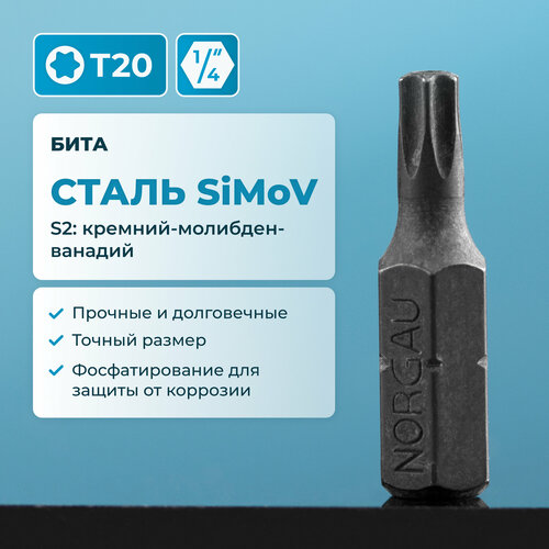 Бита Torx T20 NORGAU Industrial из высокопрочной SiMoV стали S2, под шестигранник 1/4