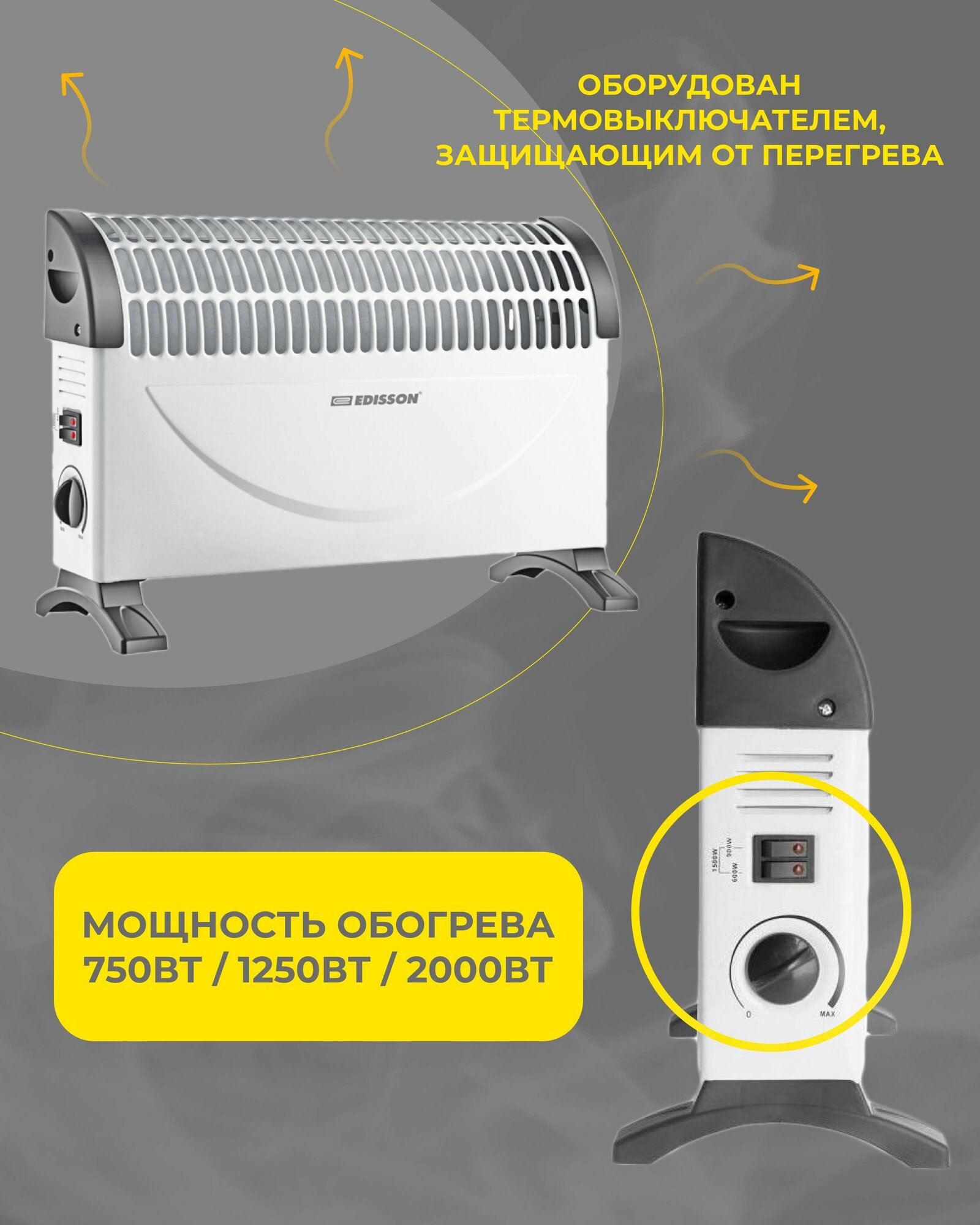 Конвектор электрический EDISSON Polo 2000M, 3 режима, 2000 Вт, белый — фото 1