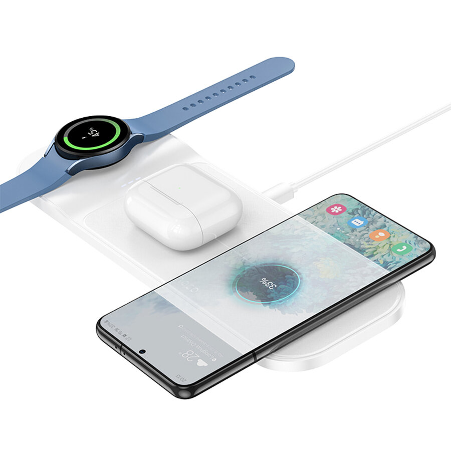 Беспроводное зарядное устройство HOCO CQ6 Power 3-in-1 для iPhone+Airpods+Samsung Watch, 3A, 15W, белый — фото 1
