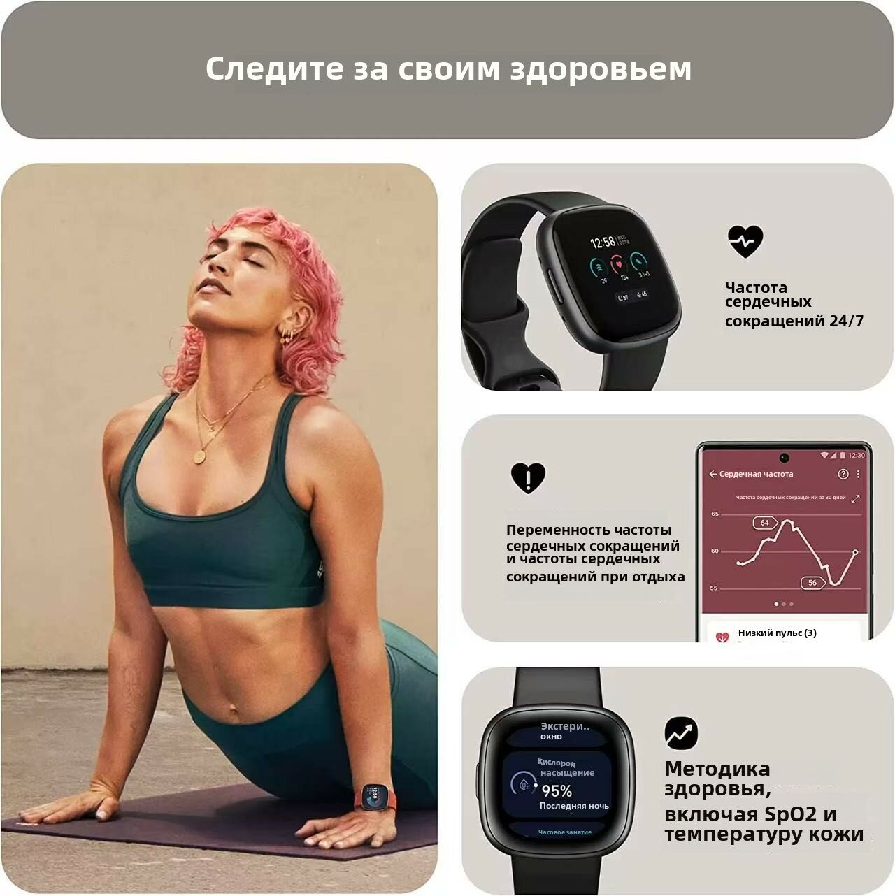 Часы Fitbit Versa 4, фитнес-трекер, AMOLED-экран, сенсорное управление ...