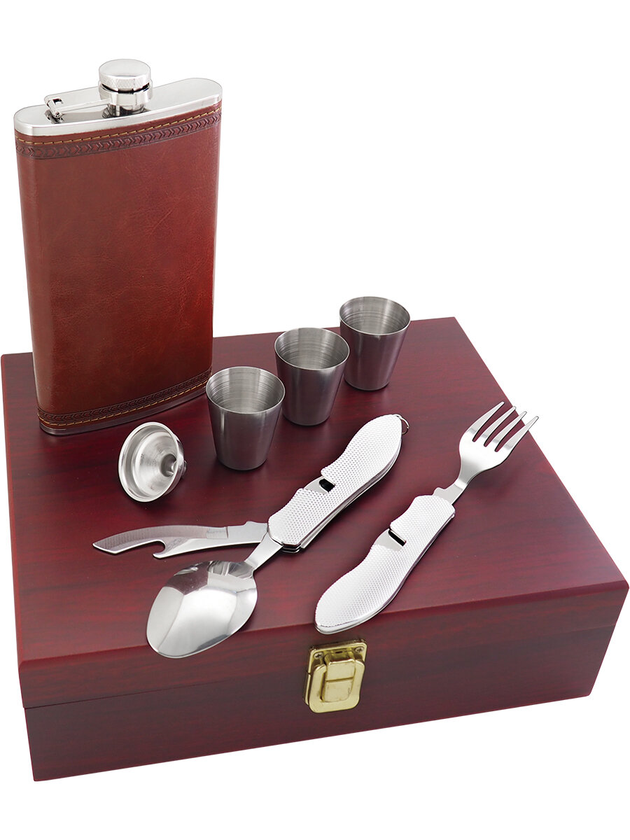 Подарочный набор Guo Tai Factory, коричневая фляга 300мл, 3 стопки, воронка и дорожный набор (ложка/вилка/нож)