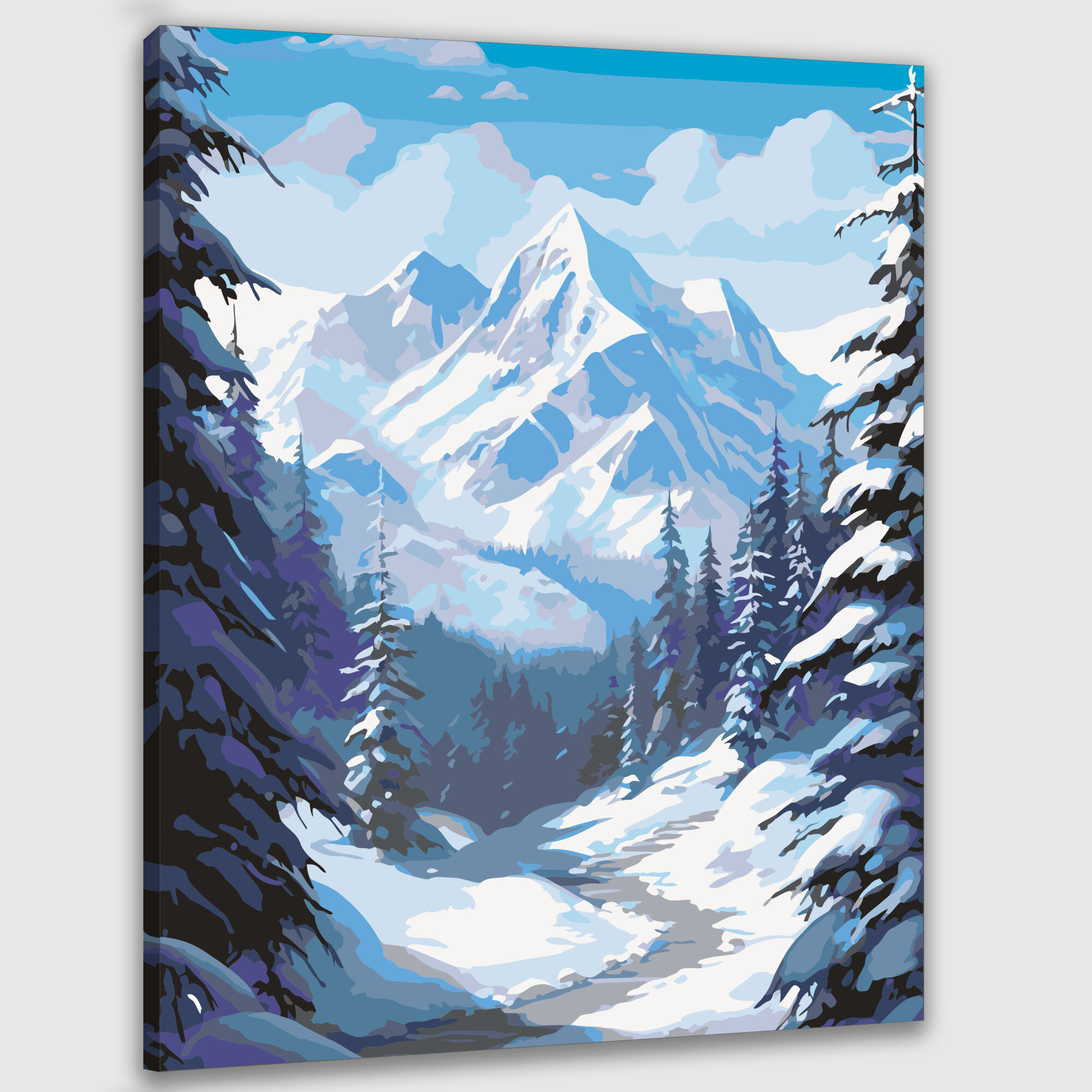 Картина по номерам 40x50 см, горы, снег, небо, лес, сосны, сосульки, свет, тени, земля, зима, спокойствие, волшебство