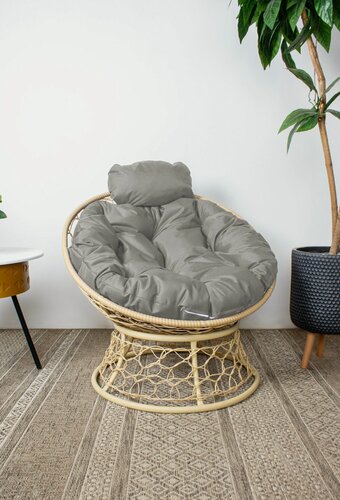 Изображение товара Кресло папасан мини с ротангом бежевое, серая подушка