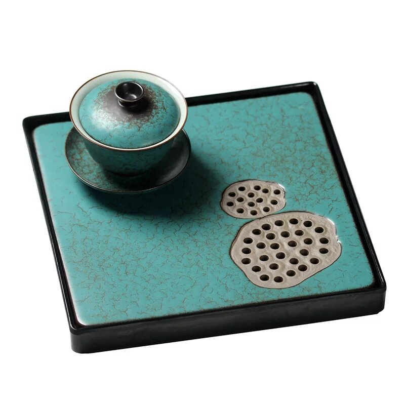 Чайный поднос Muyan Kiln Square Lotus с бирюзовой глазурью, чайный столик с функцией хранения воды, набор для чайной