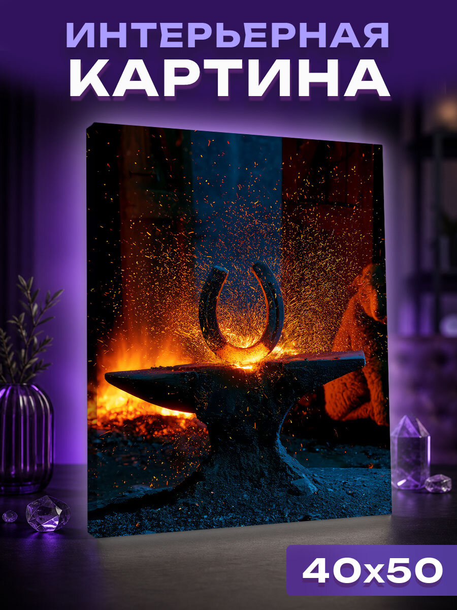 Интерьерная картина Искры в ночи: зимняя кузница