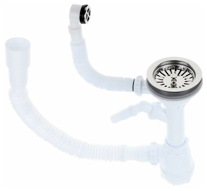 фото Сифон д/мойки, с круглым переливом, отводом с/м, нерж. реш, гофротрубой - 3.1/2"×40×40/50. "Aquant". B0140-20-MR