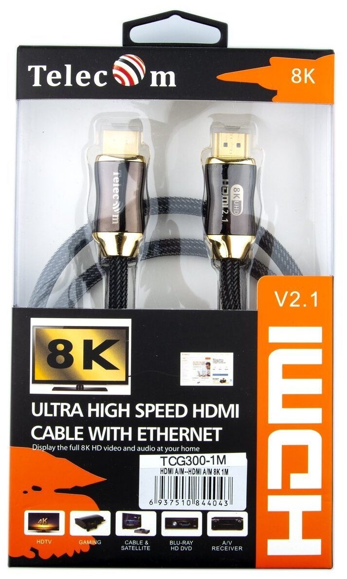 Кабель HDMI 19M/M,ver. 2.1, 8K@60 Hz 3m метал разъемы, нейлоновая оплетка Telecom <TCG300-3M> VCOM Кабель Telecom HDMI (m)/HDMI (m) - 3 м (TCG300-3M) - фото №2