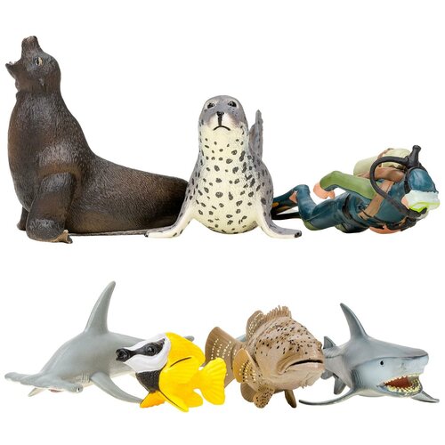 Фигурки игрушки серии Мир морских животных. Акула,морской леопард, рыба-лиса, морской лев, рыба-молот, рыба групер , дайвер (набор из 6 фигурок животных и 1 человека)