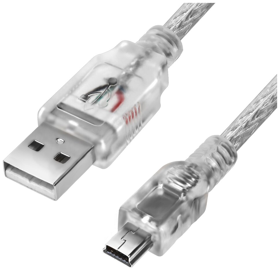 Кабель Gcr 1.0m USB 2.0, AM/mini 5P, прозрачный, 28/28 AWG, экран, армированный, морозостойкий, -UM1M5P-BB2S-1.0m