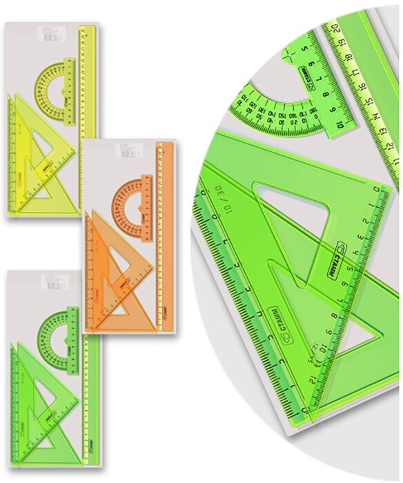 Набор чертежный большой Стамм "Neon Cristal" (треуг. 2шт, линейка 30см, транспортир), ассорти