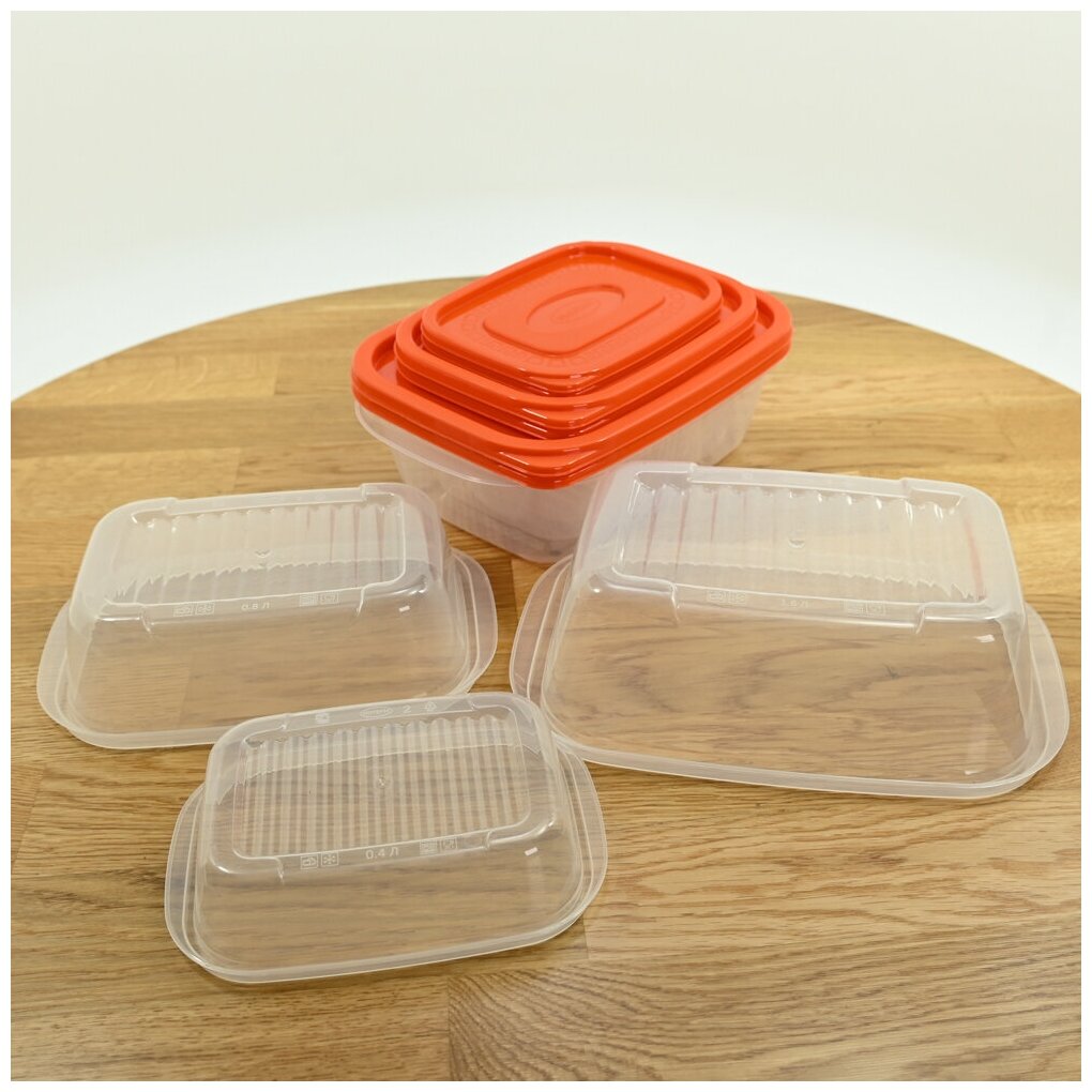 Набор контейнеров 6 шт (2х0.4л, 2х0.8л, 2х1.6л) для холодных и горячих продуктов, цвет оранжевый