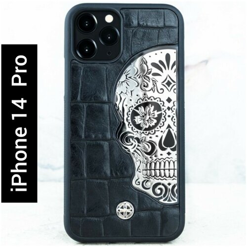 Чехол iPhone 14 Pro - Mexican Katrina's Skull Croc Leather Black