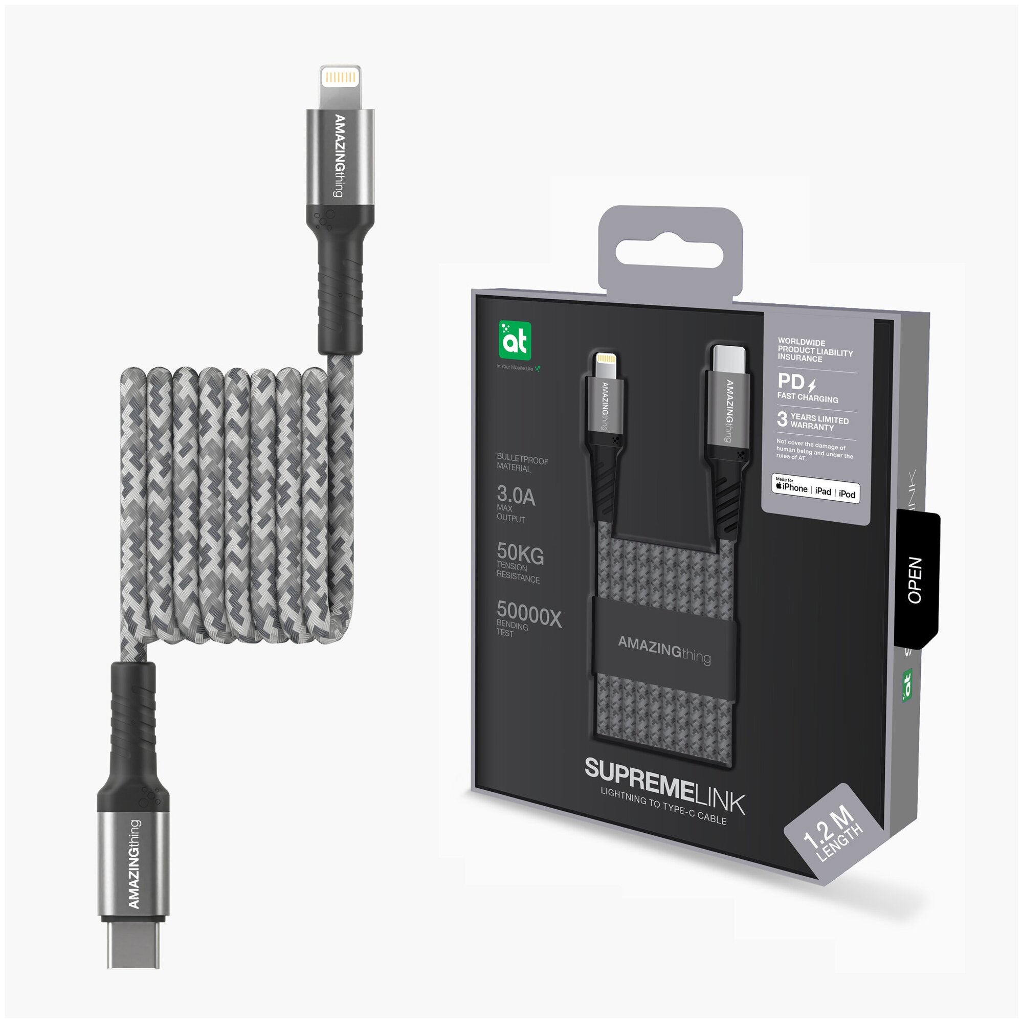 Кабель Type-C - lightning Amazingthing MFi Silver 1.2m 3A/быстрая зарядка для айфона/шнур для телефона/для Apple iPhone,iPad,AirPods/передача данных